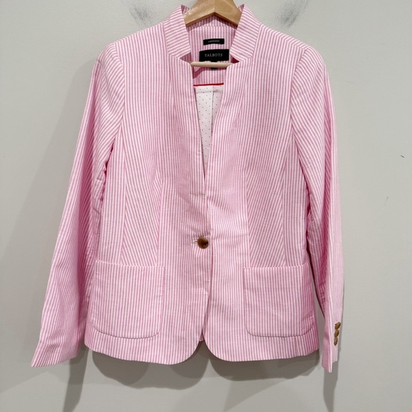 TALBOTS Aberdeen Stripe Lightweight Blazer Linen Cotton Coastal Preppy Size 6 - Picture 2 of 13